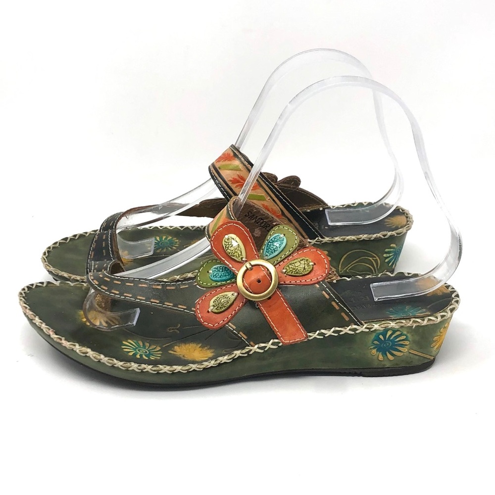 L'Artiste Santorini Wedge Leather Sandals Green 40